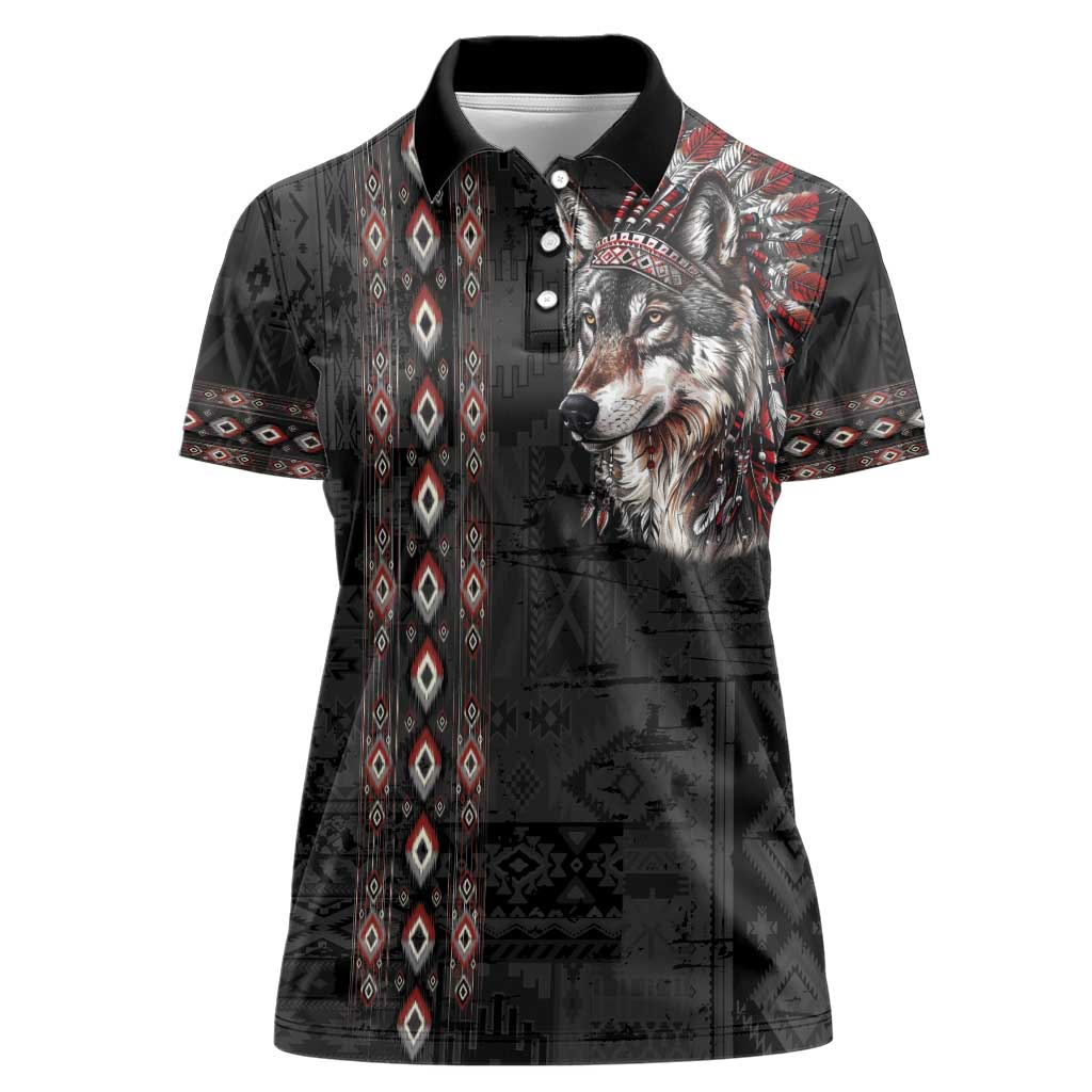 Native American Wolf Women Polo Shirt Tribal Pattern