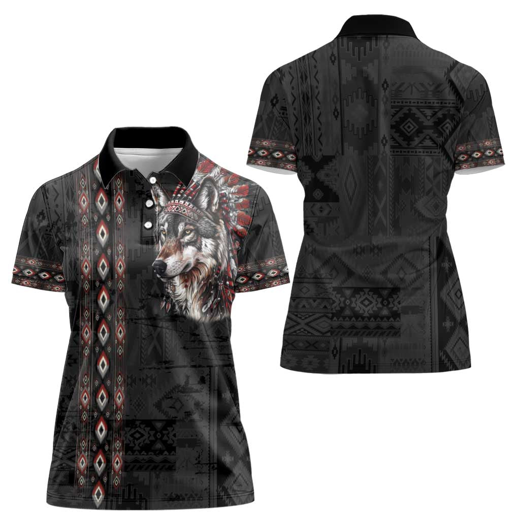 Native American Wolf Women Polo Shirt Tribal Pattern