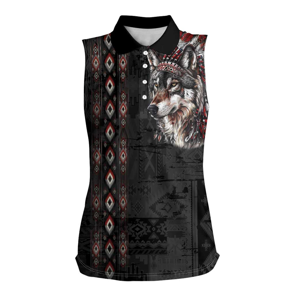 Native American Wolf Women Sleeveless Polo Shirt Tribal Pattern
