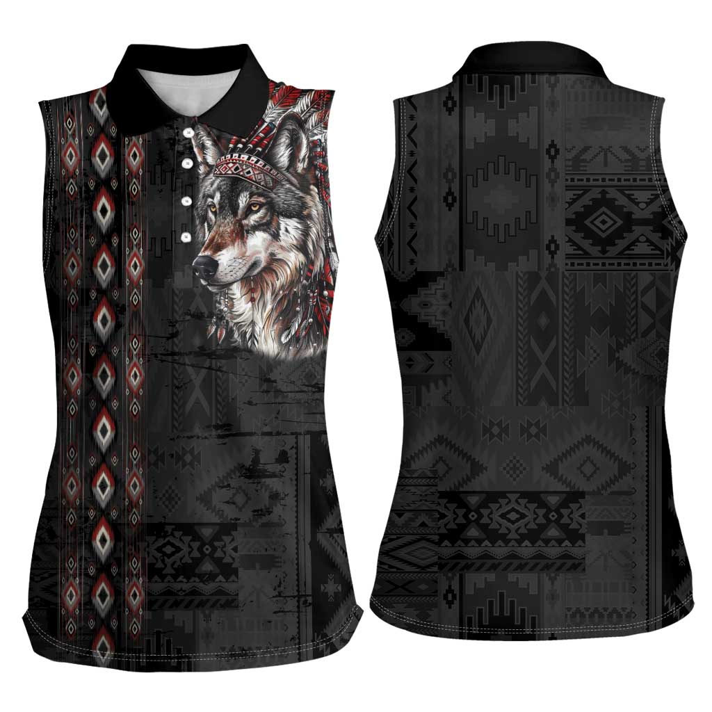 Native American Wolf Women Sleeveless Polo Shirt Tribal Pattern