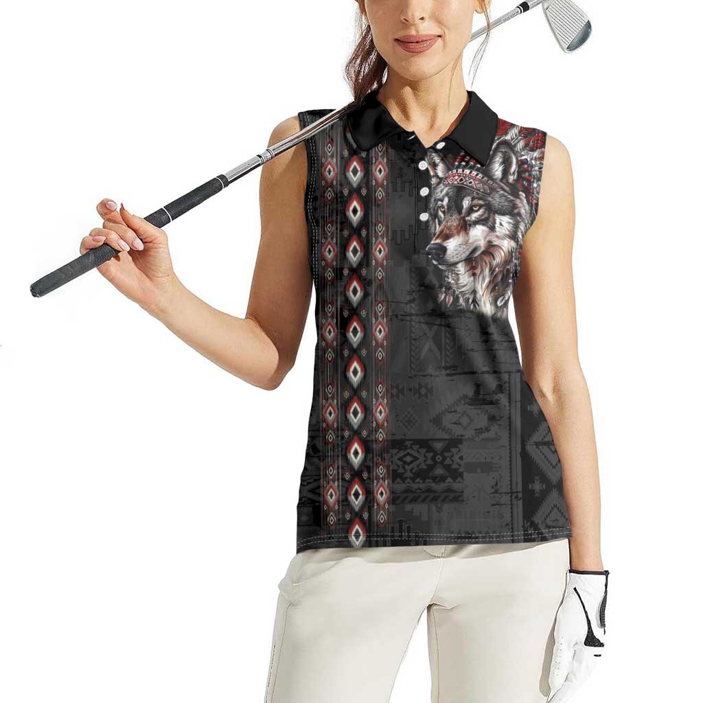 Native American Wolf Women Sleeveless Polo Shirt Tribal Pattern