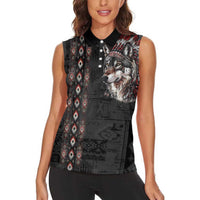 Native American Wolf Women Sleeveless Polo Shirt Tribal Pattern