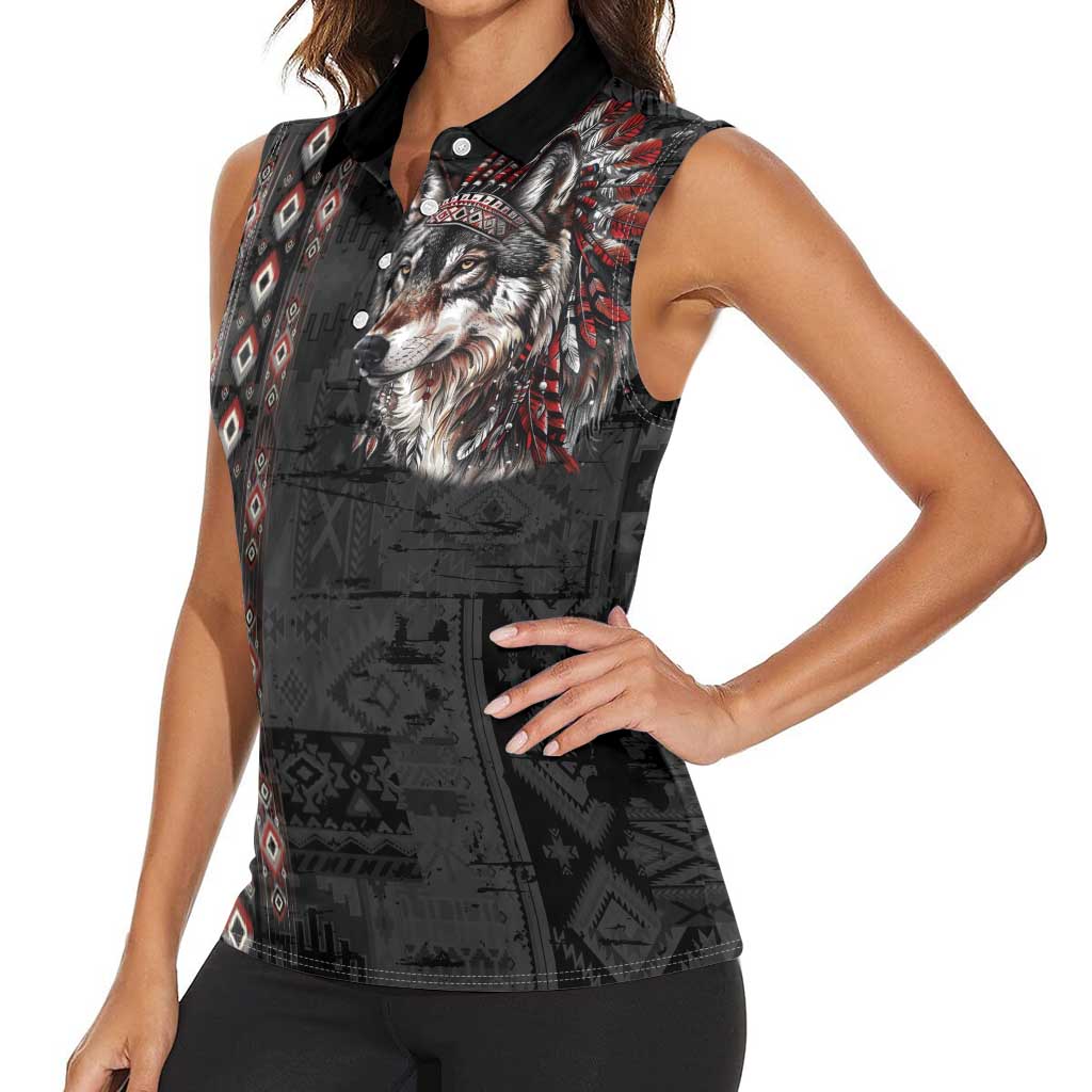 Native American Wolf Women Sleeveless Polo Shirt Tribal Pattern