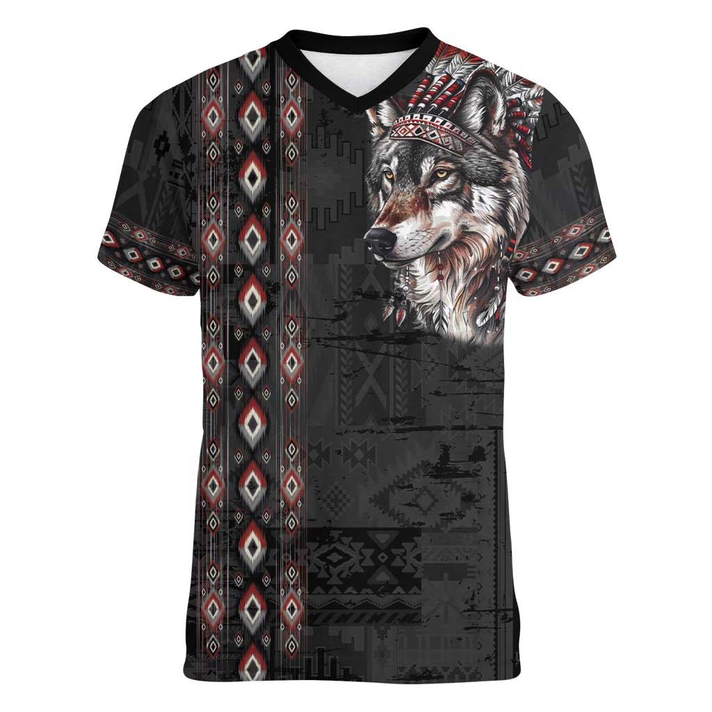 Native American Wolf Women V-Neck T-Shirt Tribal Pattern
