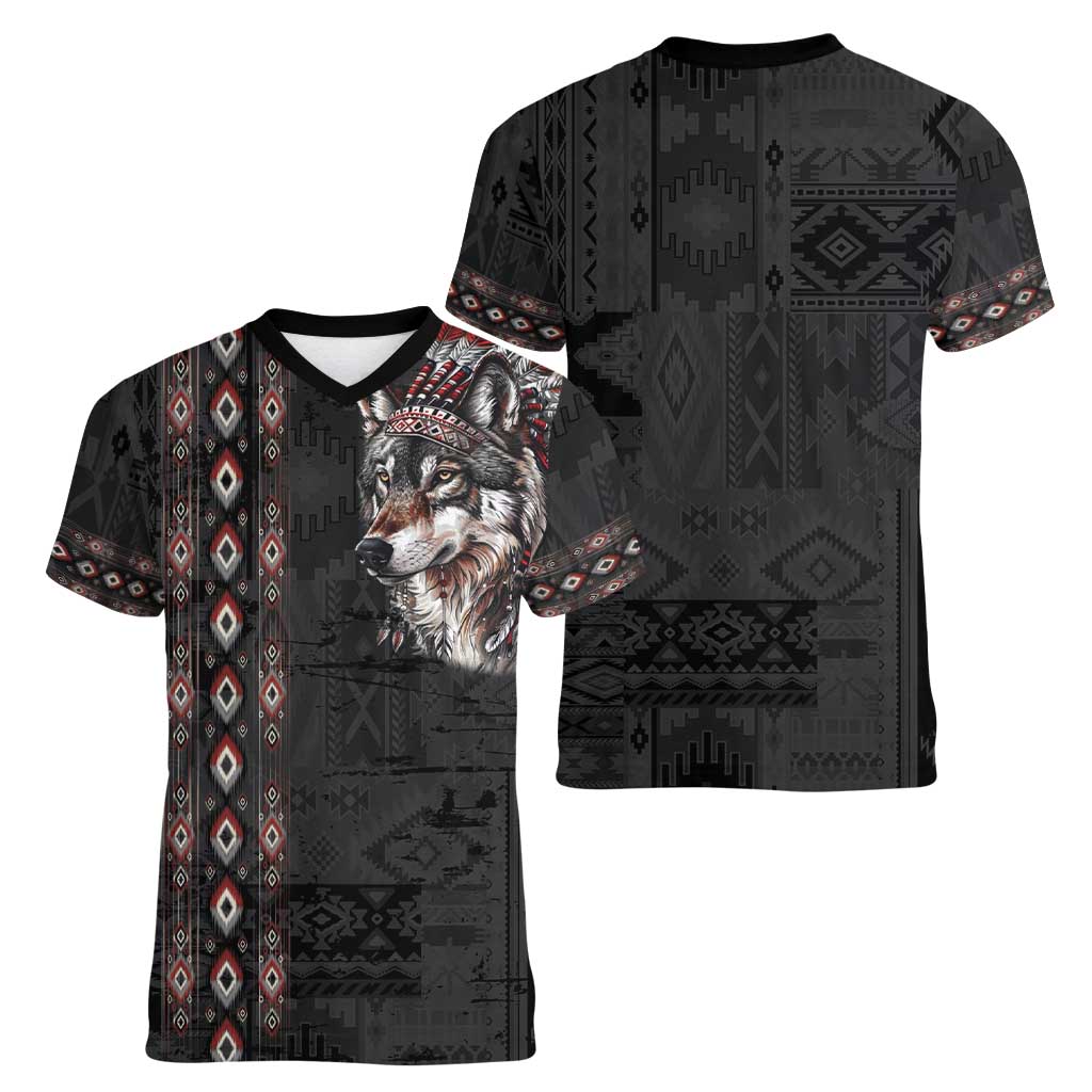 Native American Wolf Women V-Neck T-Shirt Tribal Pattern