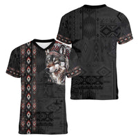 Native American Wolf Women V-Neck T-Shirt Tribal Pattern