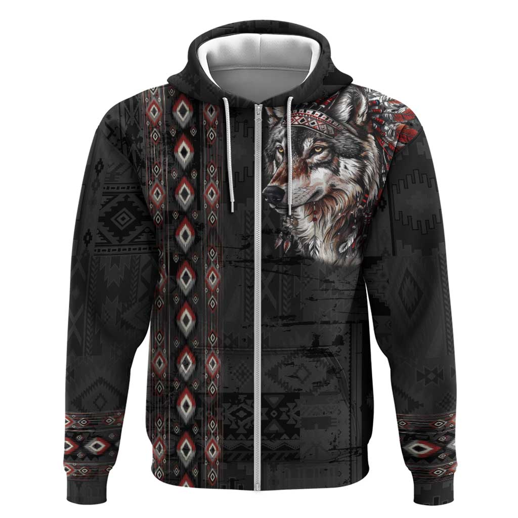 Native American Wolf Zip Hoodie Tribal Pattern