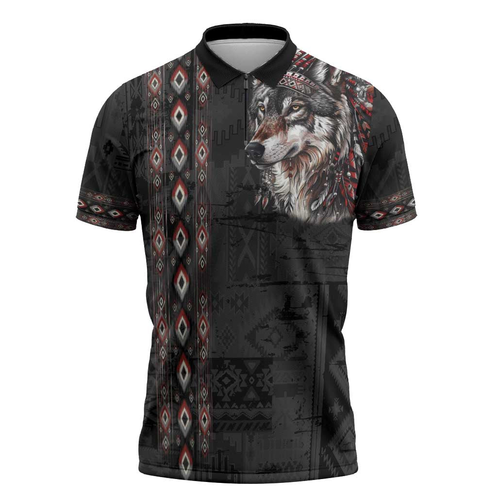 Native American Wolf Zipper Polo Shirt Tribal Pattern
