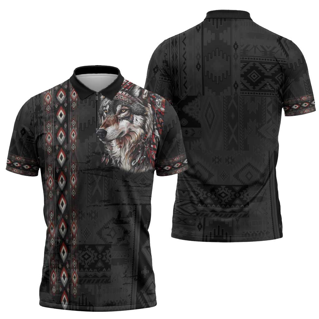 Native American Wolf Zipper Polo Shirt Tribal Pattern