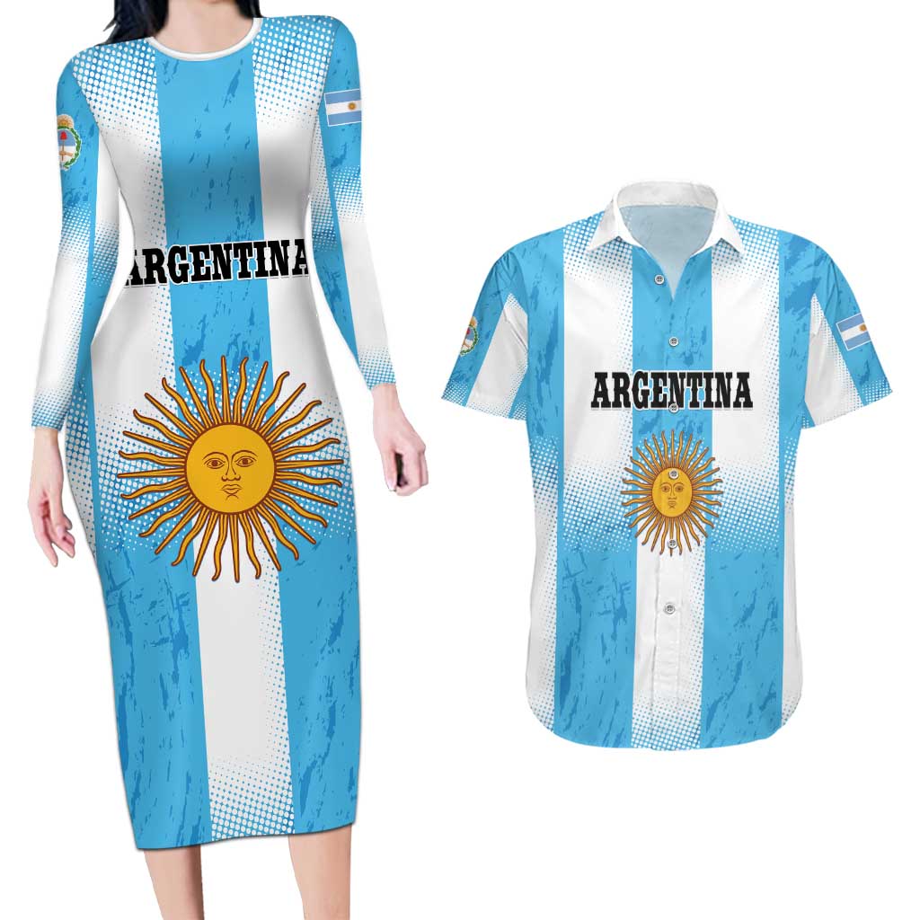 Custom Argentina Football Couples Matching Long Sleeve Bodycon Dress and Hawaiian Shirt