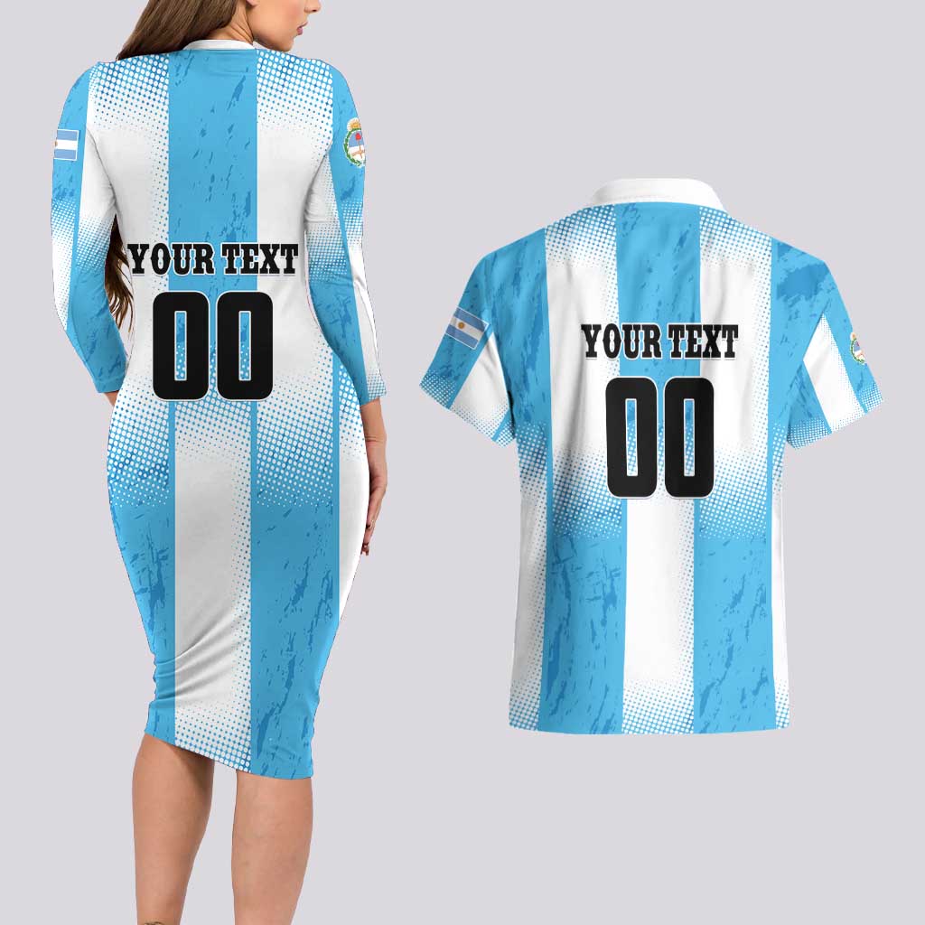Custom Argentina Football Couples Matching Long Sleeve Bodycon Dress and Hawaiian Shirt
