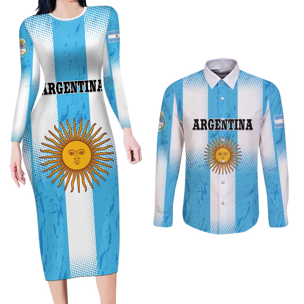 Custom Argentina Football Couples Matching Long Sleeve Bodycon Dress and Long Sleeve Button Shirt