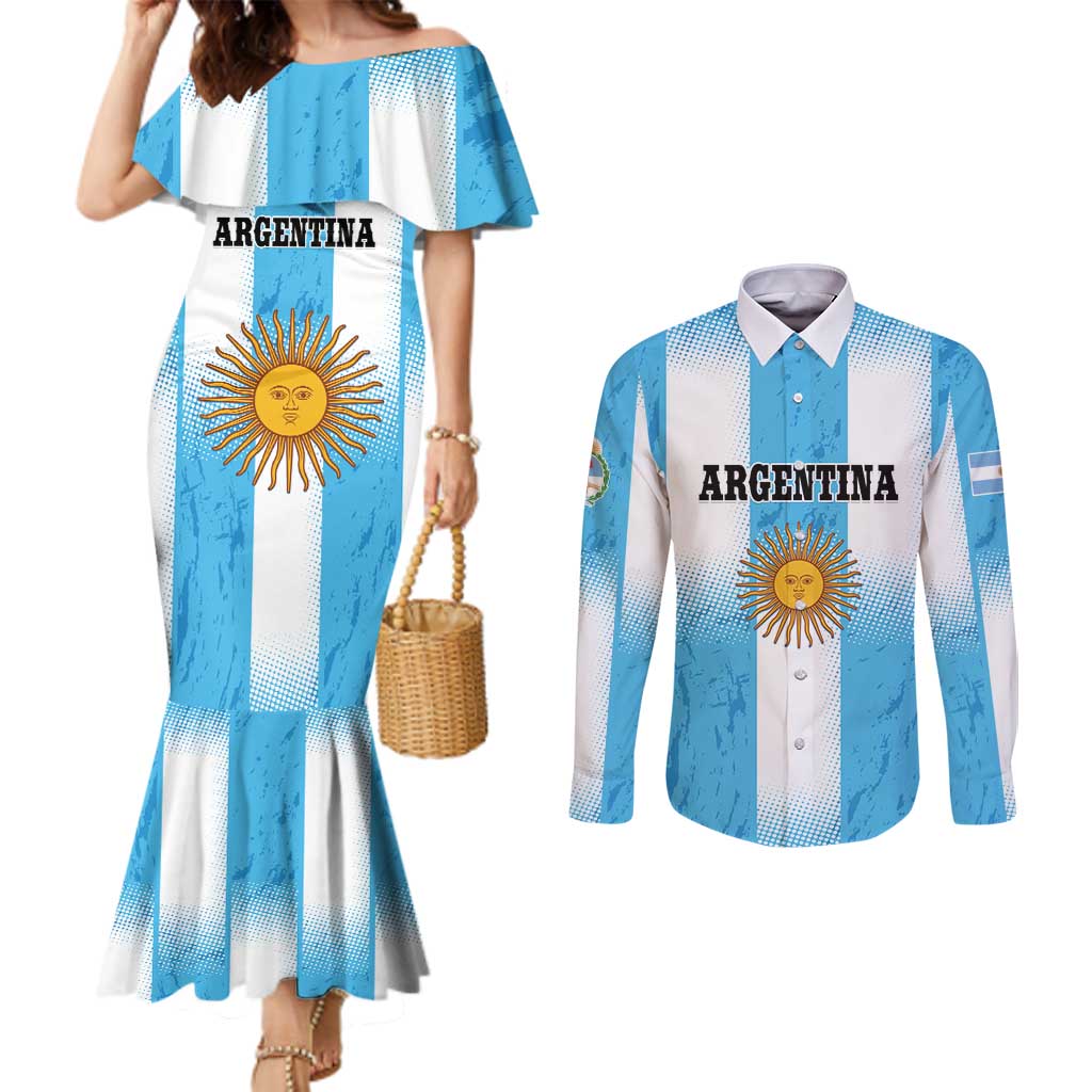 Custom Argentina Football Couples Matching Mermaid Dress and Long Sleeve Button Shirt