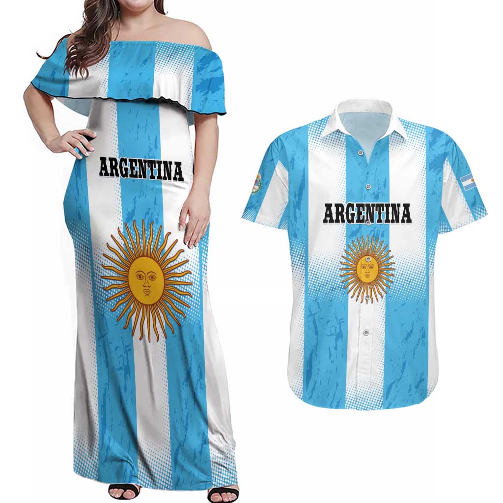 Custom Argentina Football Couples Matching Off Shoulder Maxi Dress and Hawaiian Shirt