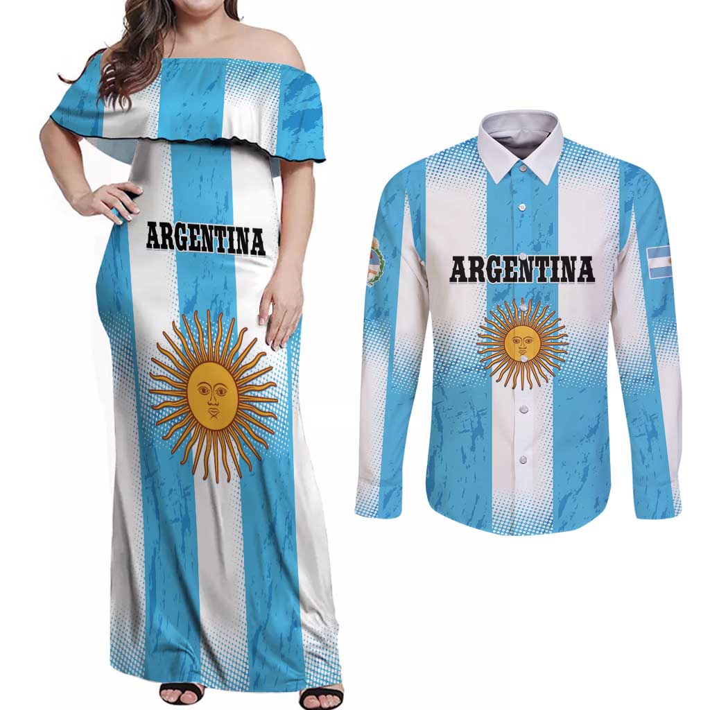 Custom Argentina Football Couples Matching Off Shoulder Maxi Dress and Long Sleeve Button Shirt
