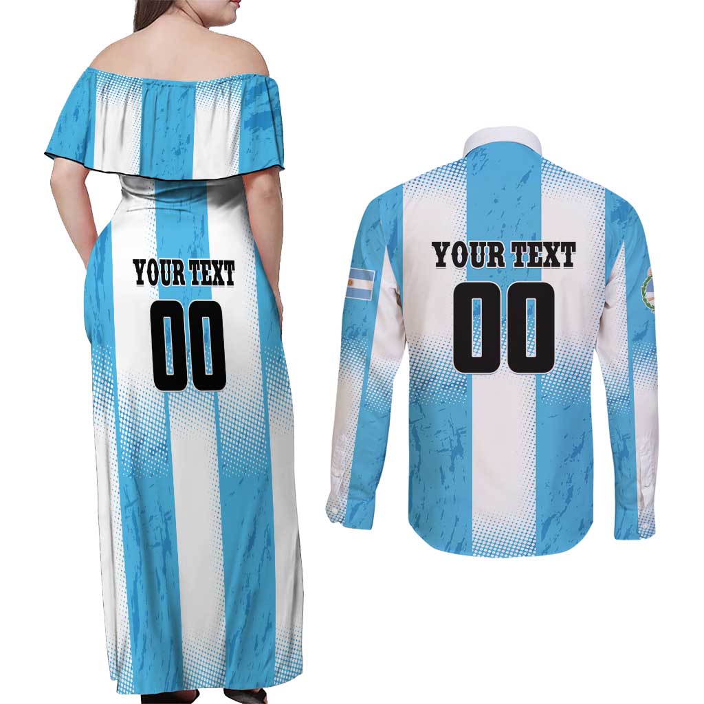 Custom Argentina Football Couples Matching Off Shoulder Maxi Dress and Long Sleeve Button Shirt