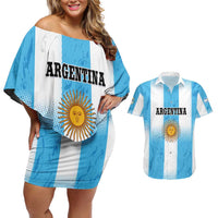Custom Argentina Football Couples Matching Off Shoulder Short Dress and Hawaiian Shirt
