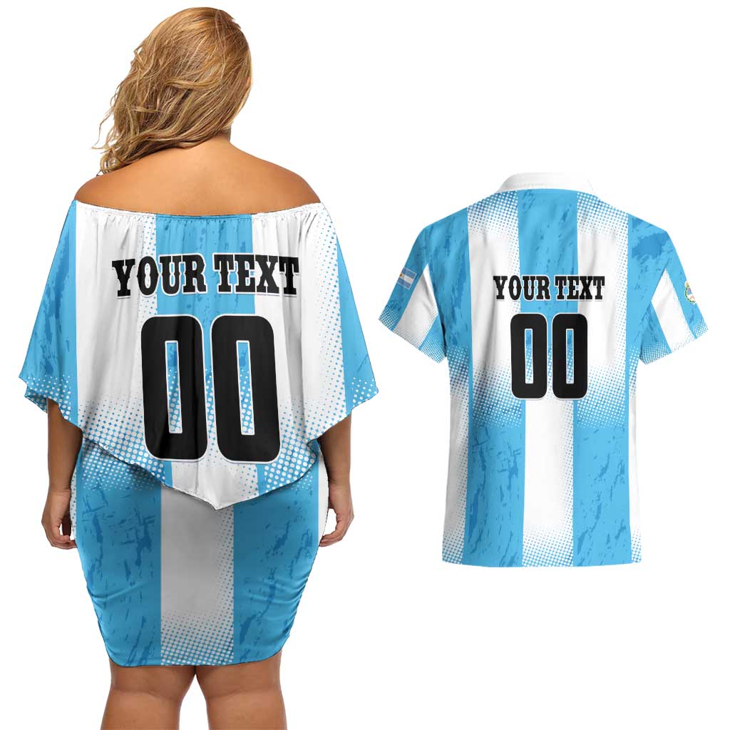 Custom Argentina Football Couples Matching Off Shoulder Short Dress and Hawaiian Shirt