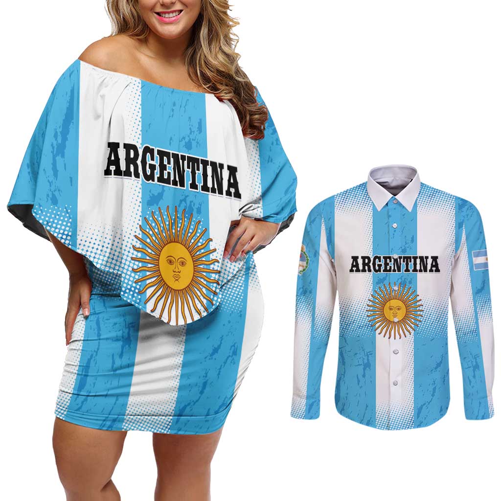Custom Argentina Football Couples Matching Off Shoulder Short Dress and Long Sleeve Button Shirt