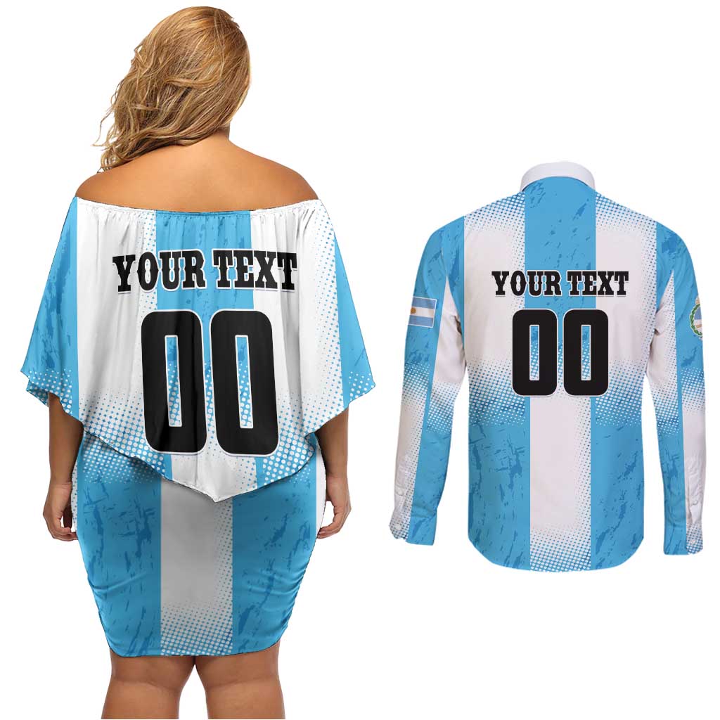 Custom Argentina Football Couples Matching Off Shoulder Short Dress and Long Sleeve Button Shirt