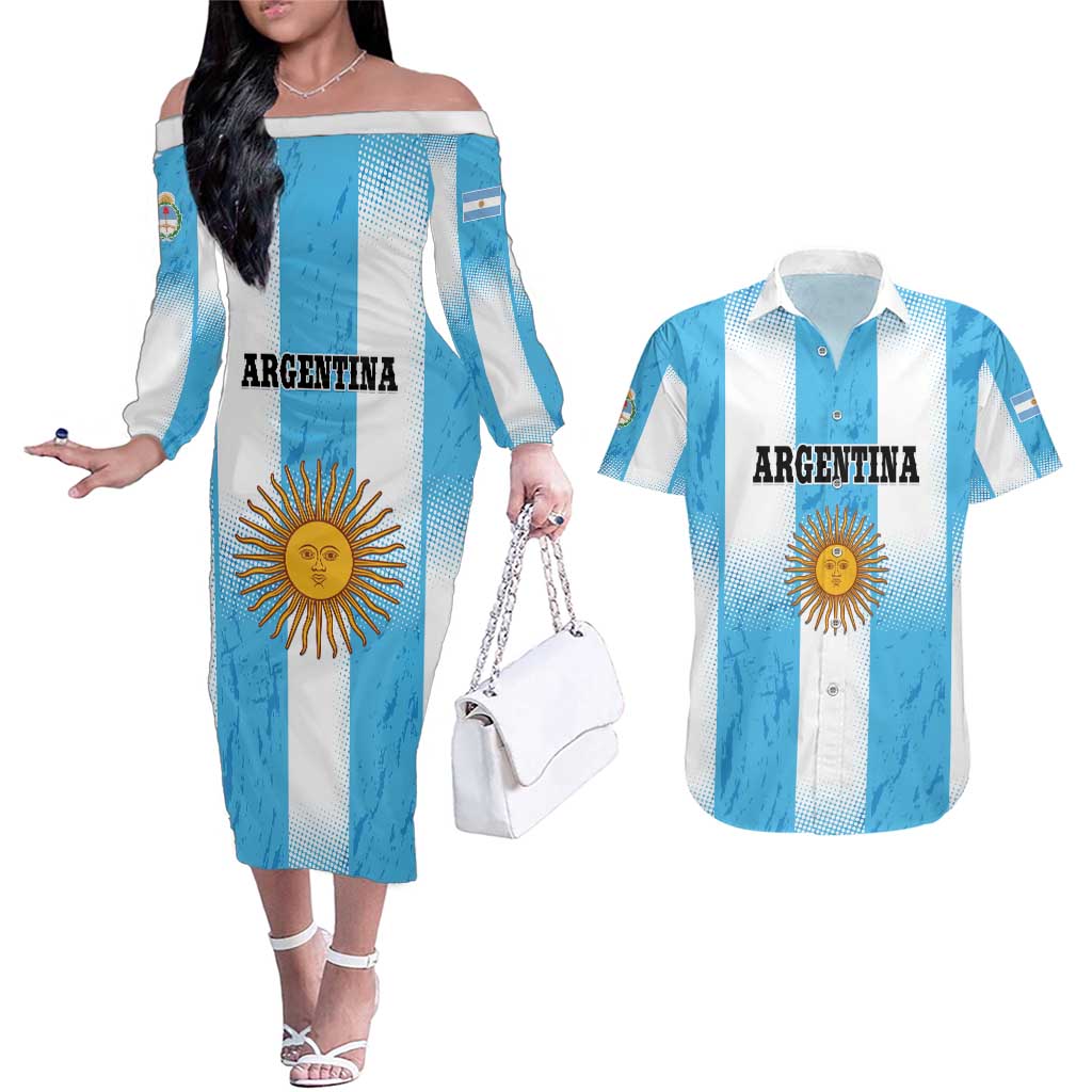 Custom Argentina Football Couples Matching Off The Shoulder Long Sleeve Dress and Hawaiian Shirt