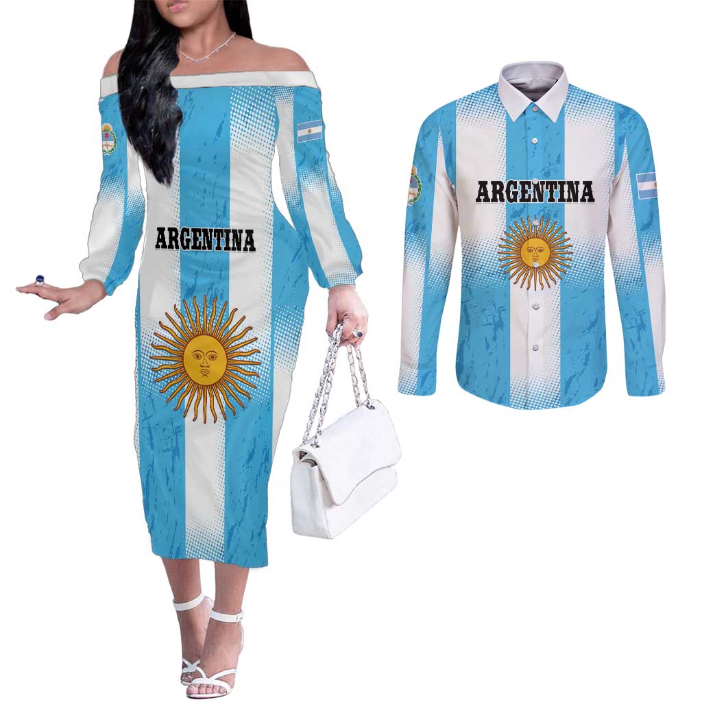 Custom Argentina Football Couples Matching Off The Shoulder Long Sleeve Dress and Long Sleeve Button Shirt