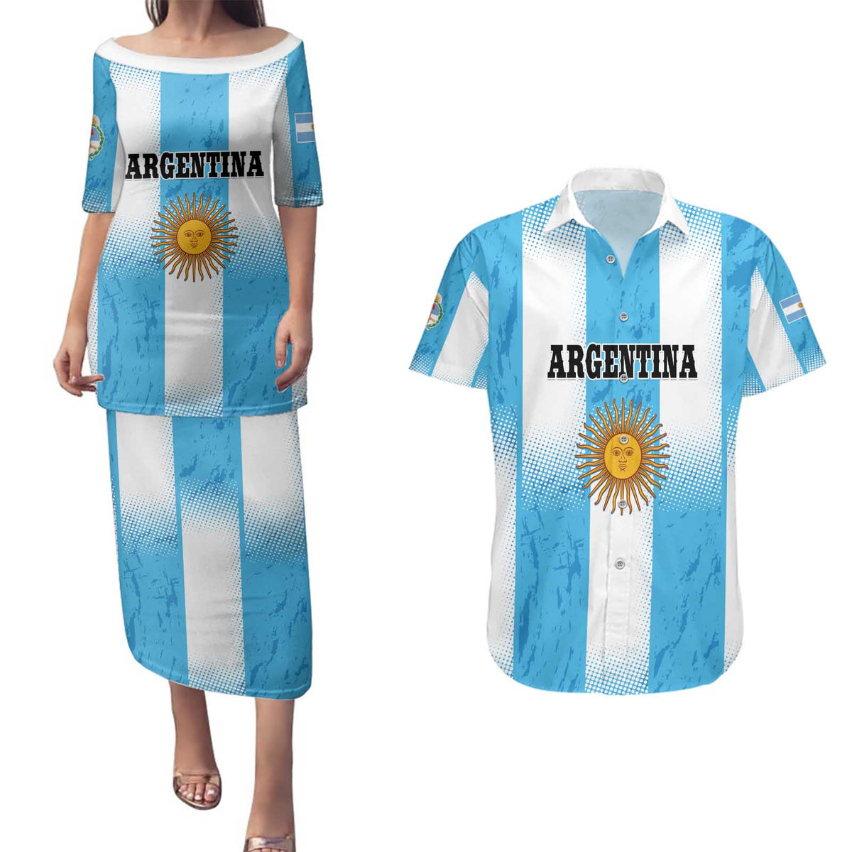 Custom Argentina Football Couples Matching Puletasi and Hawaiian Shirt