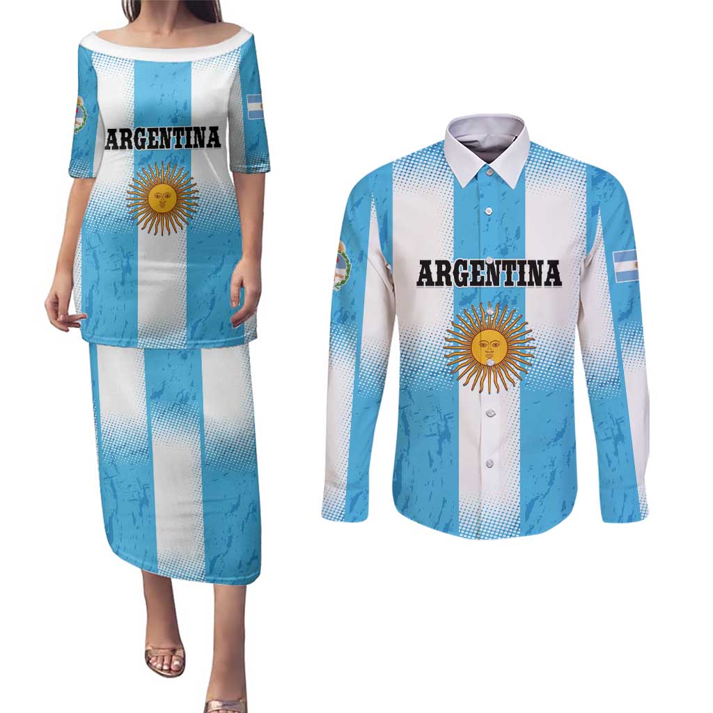 Custom Argentina Football Couples Matching Puletasi and Long Sleeve Button Shirt