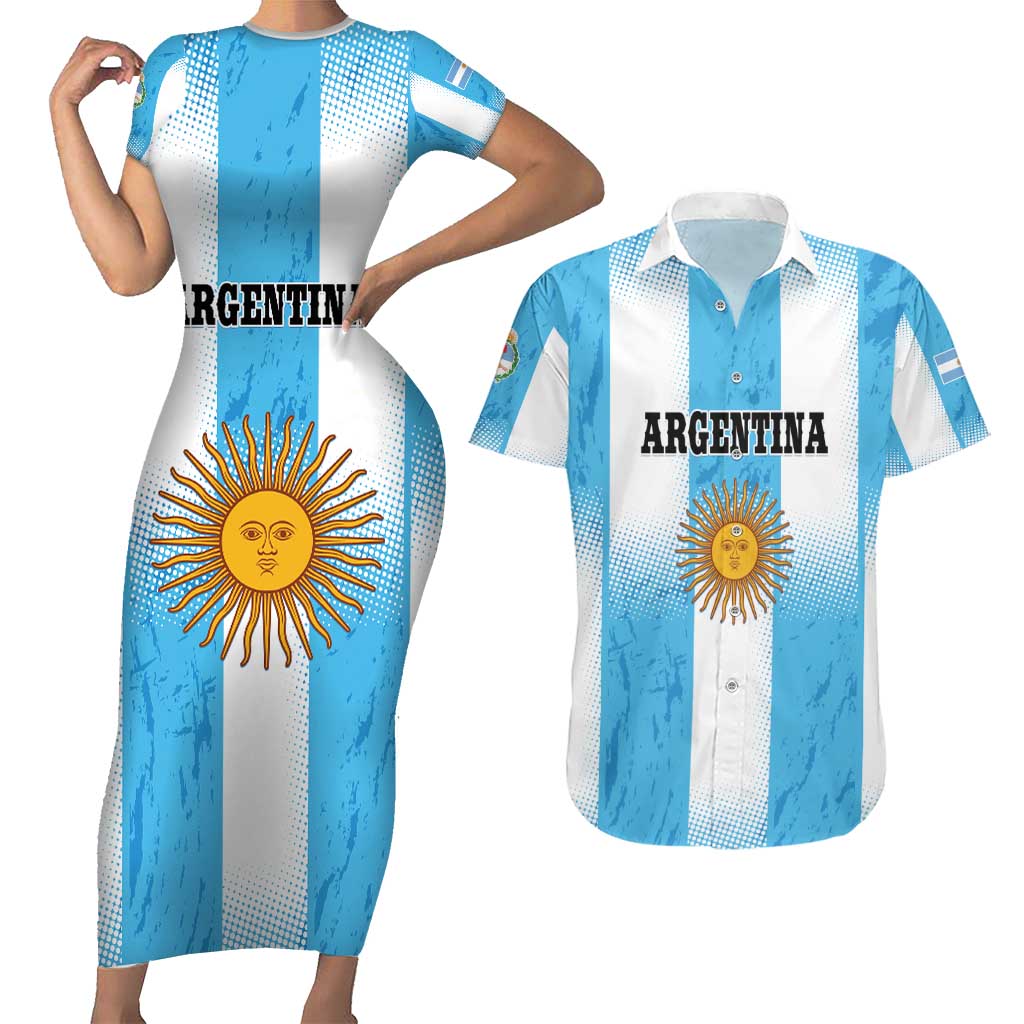 Custom Argentina Football Couples Matching Short Sleeve Bodycon Dress and Hawaiian Shirt