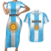 Custom Argentina Football Couples Matching Short Sleeve Bodycon Dress and Hawaiian Shirt