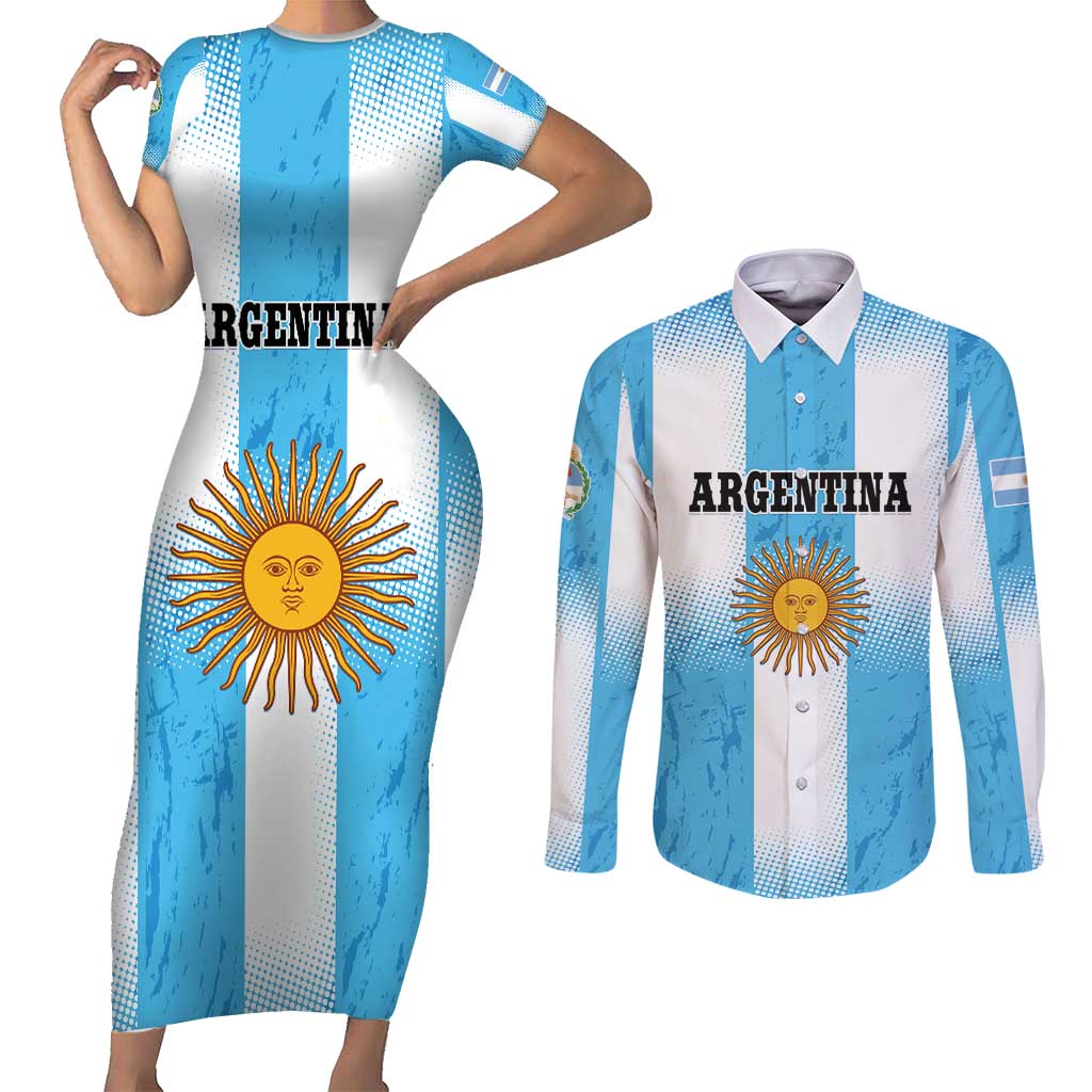 Custom Argentina Football Couples Matching Short Sleeve Bodycon Dress and Long Sleeve Button Shirt