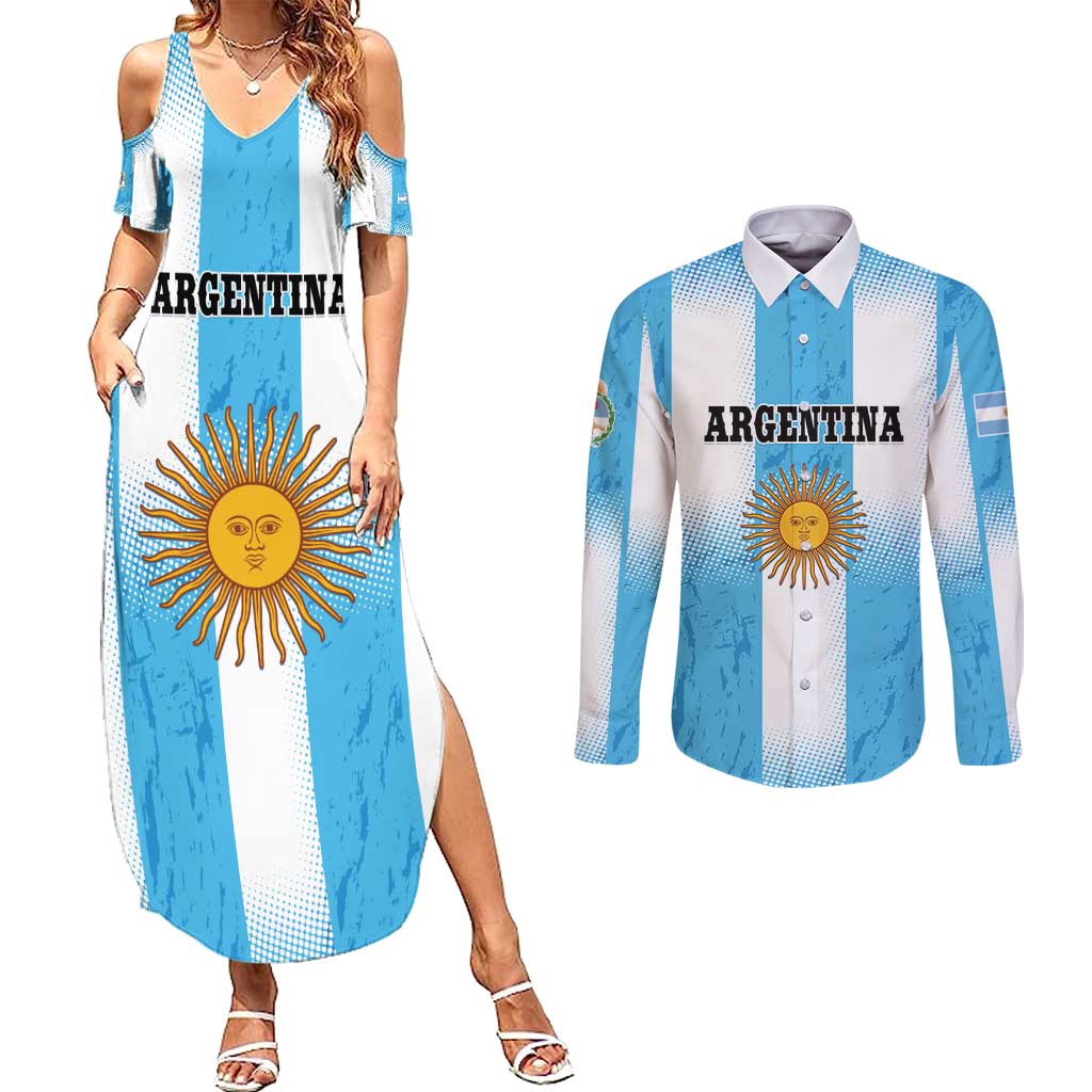 Custom Argentina Football Couples Matching Summer Maxi Dress and Long Sleeve Button Shirt