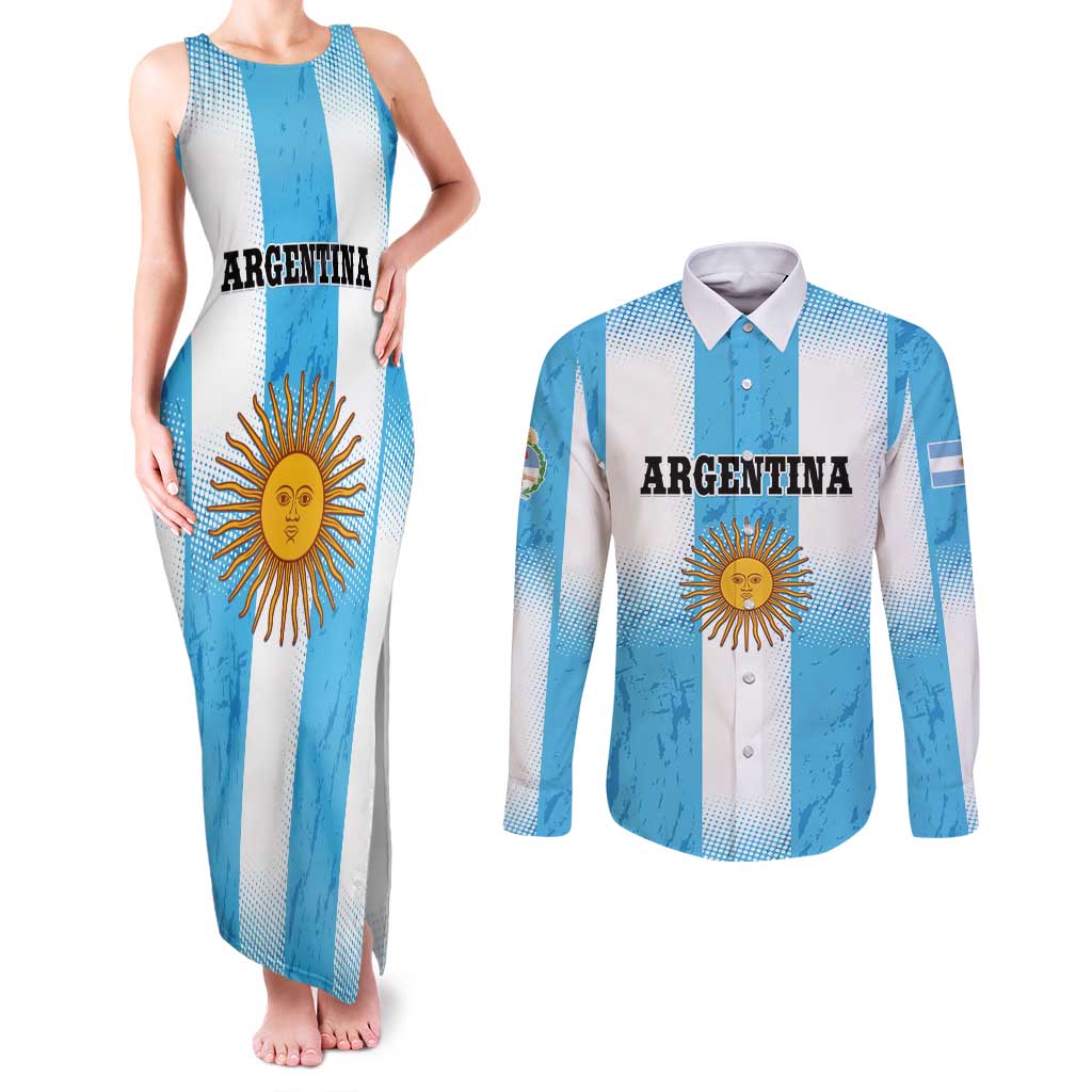 Custom Argentina Football Couples Matching Tank Maxi Dress and Long Sleeve Button Shirt