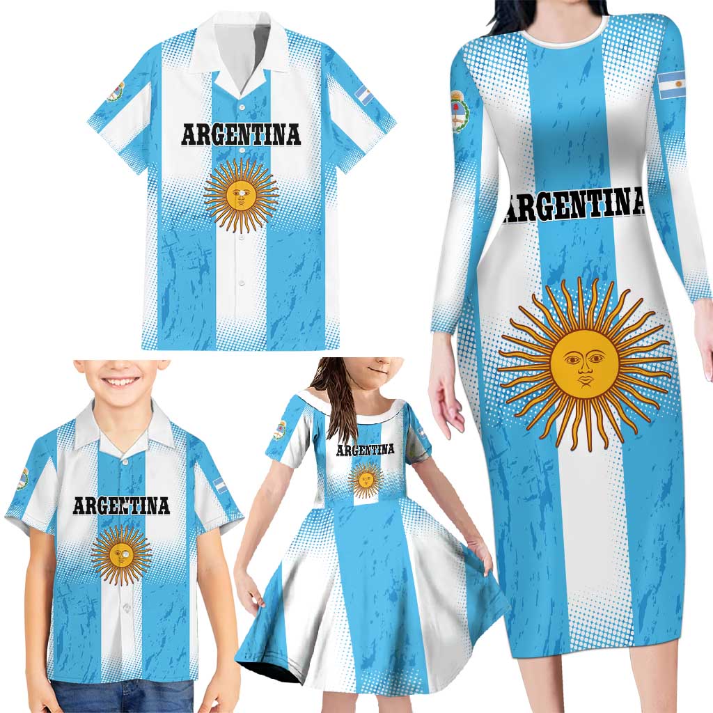 Custom Argentina Football Family Matching Long Sleeve Bodycon Dress and Hawaiian Shirt