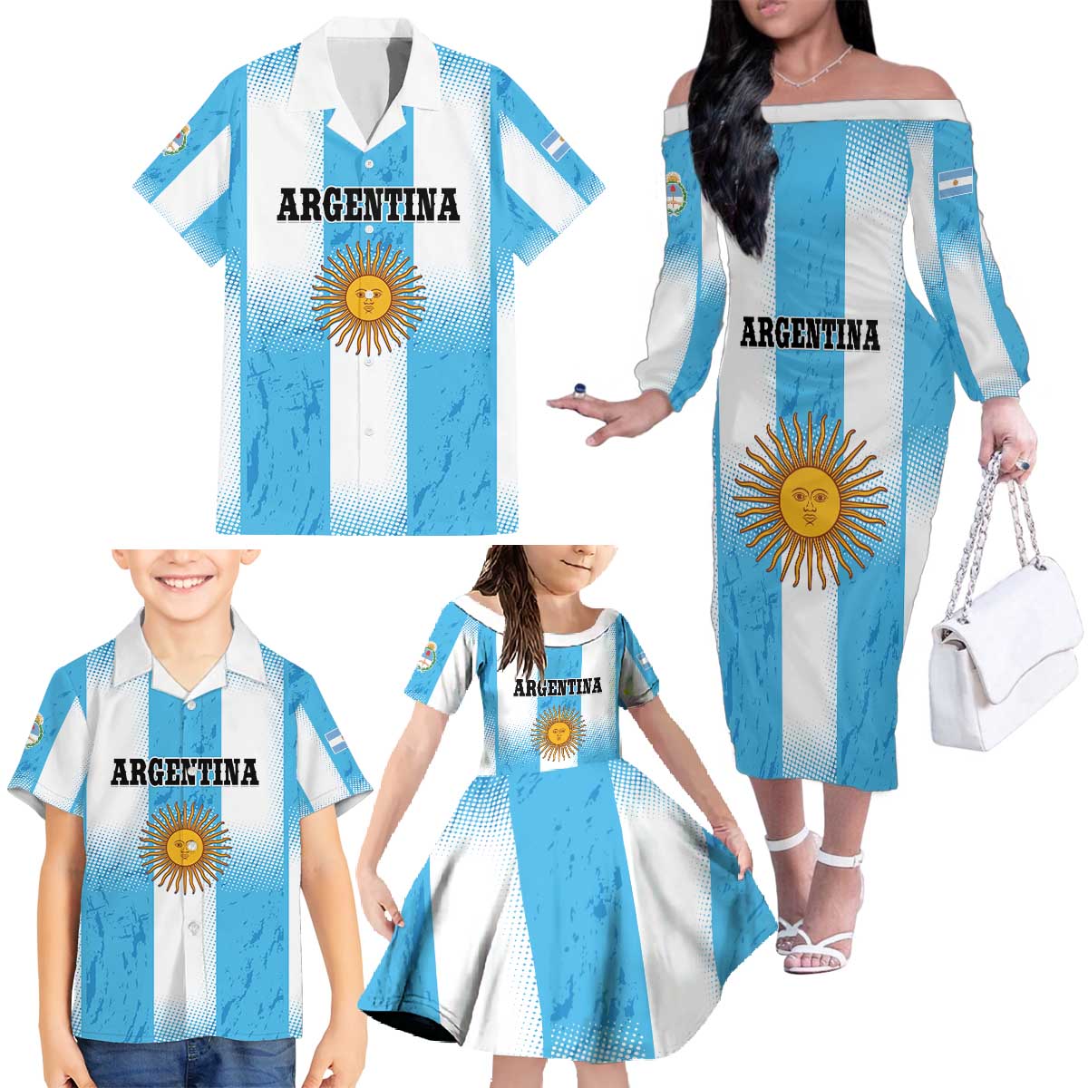 Custom Argentina Football Family Matching Off The Shoulder Long Sleeve Dress and Hawaiian Shirt