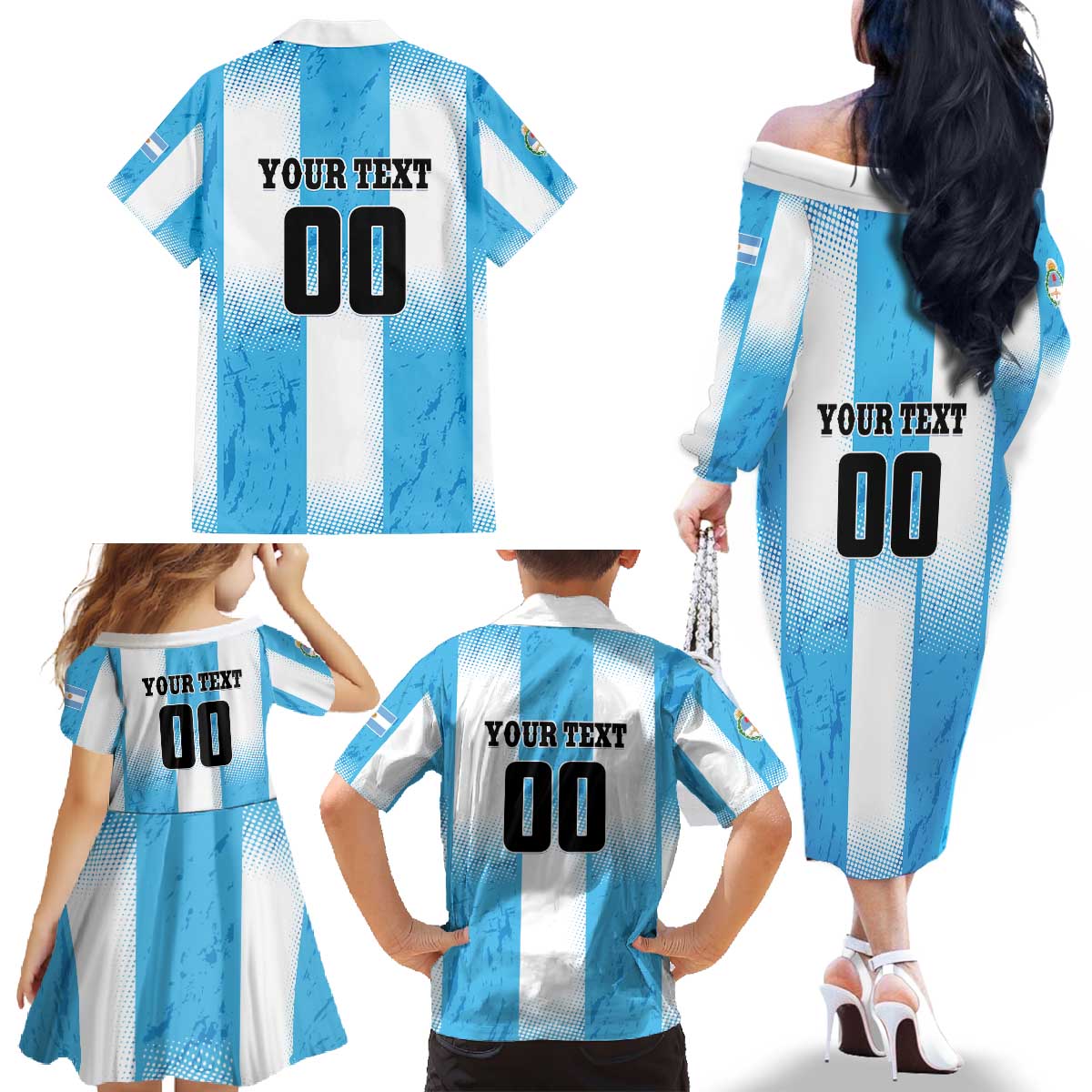 Custom Argentina Football Family Matching Off The Shoulder Long Sleeve Dress and Hawaiian Shirt