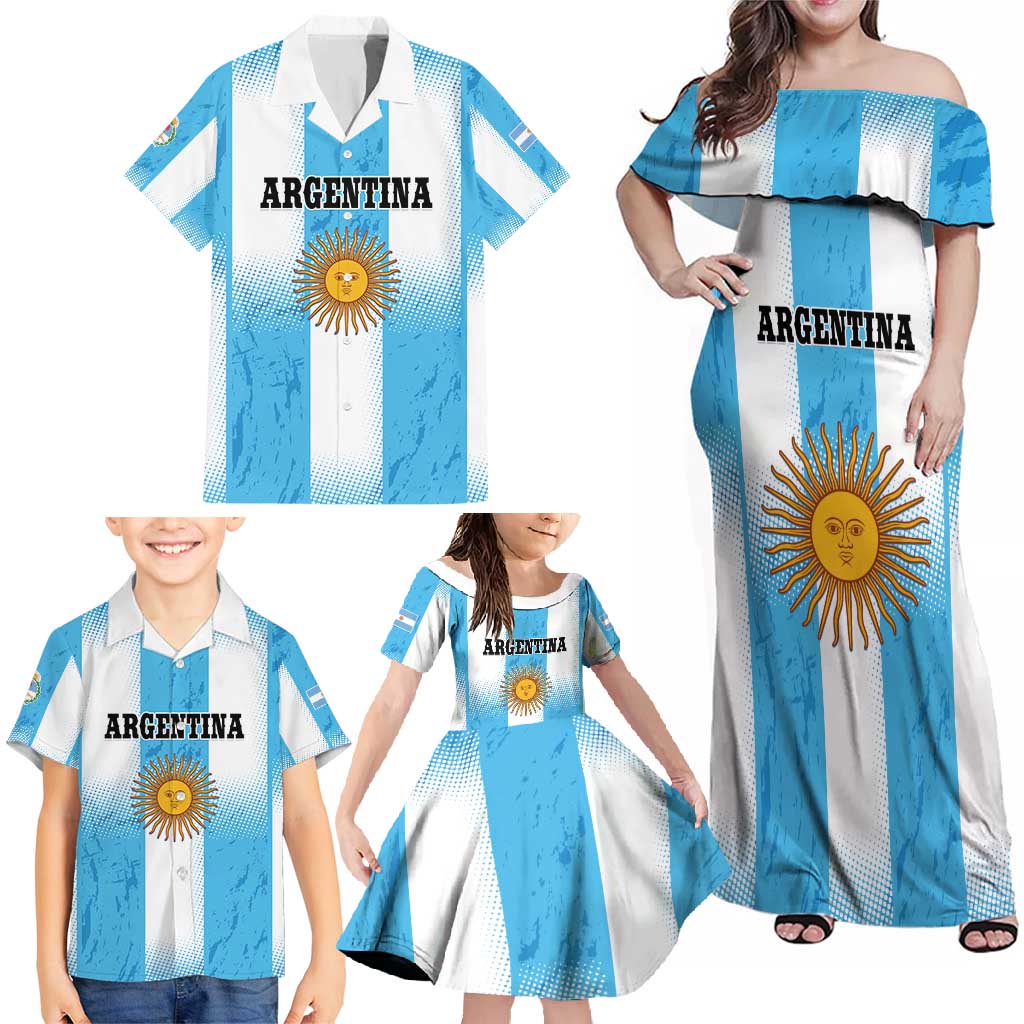 Custom Argentina Football Family Matching Off Shoulder Maxi Dress and Hawaiian Shirt