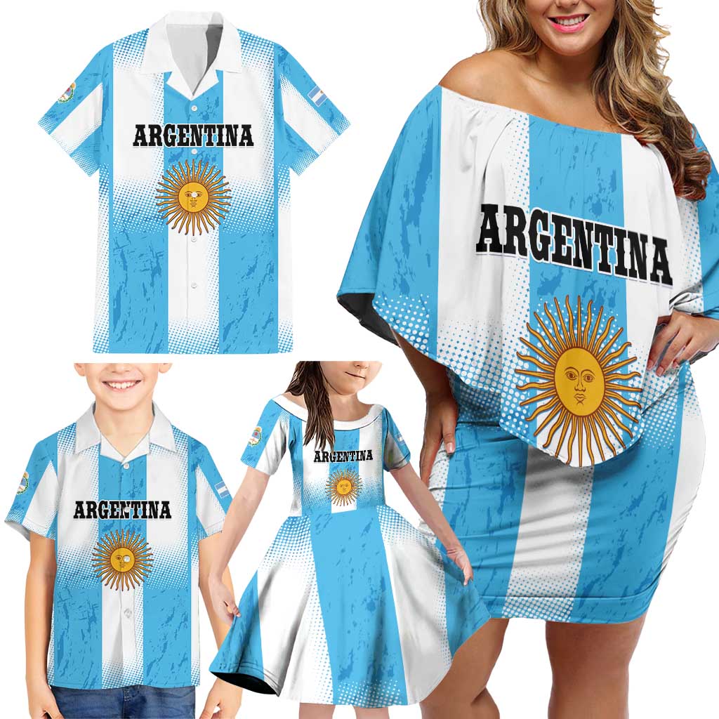 Custom Argentina Football Family Matching Off Shoulder Short Dress and Hawaiian Shirt