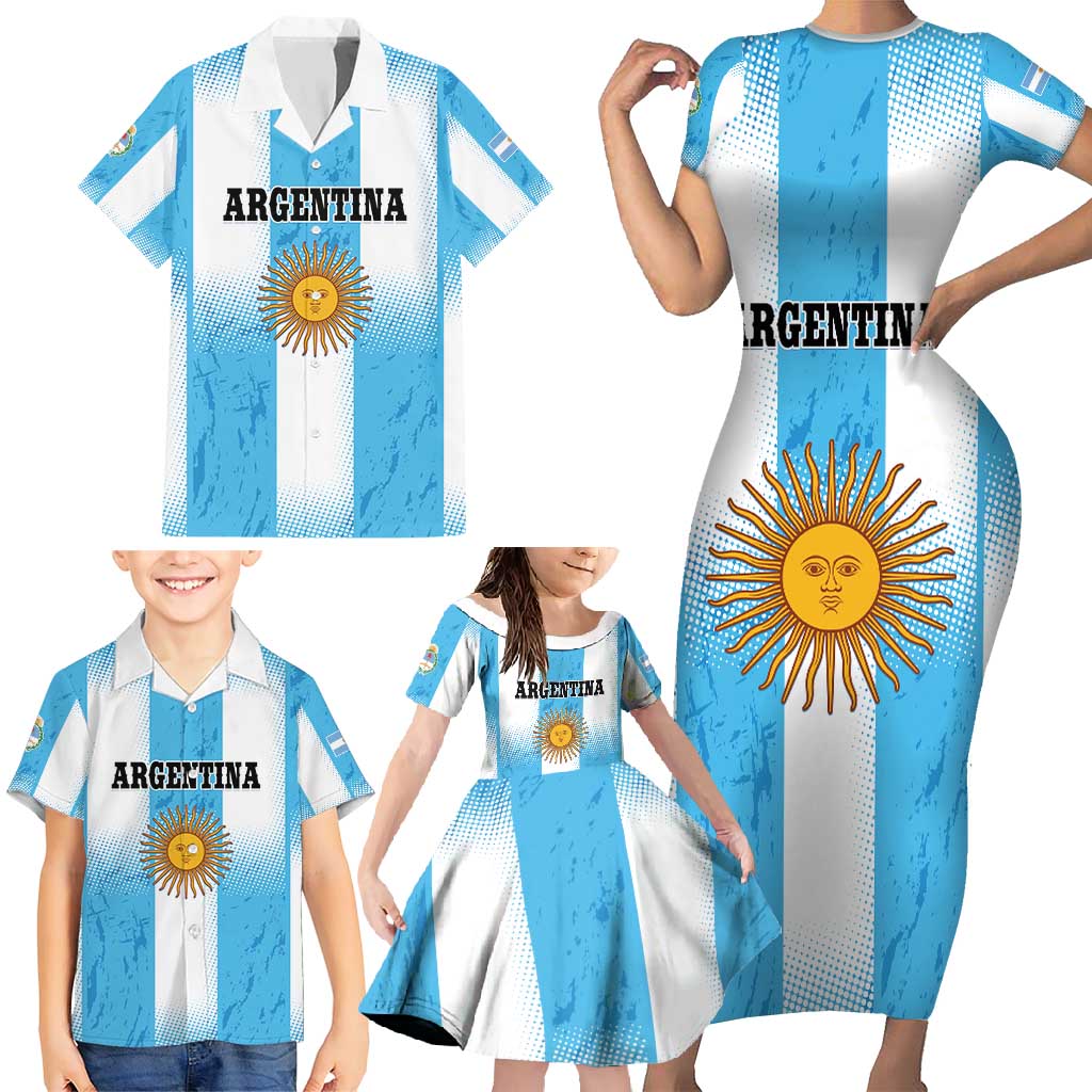 Custom Argentina Football Family Matching Short Sleeve Bodycon Dress and Hawaiian Shirt