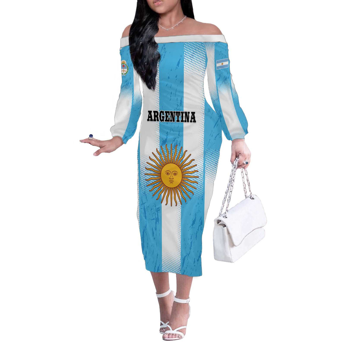 Custom Argentina Football Off The Shoulder Long Sleeve Dress