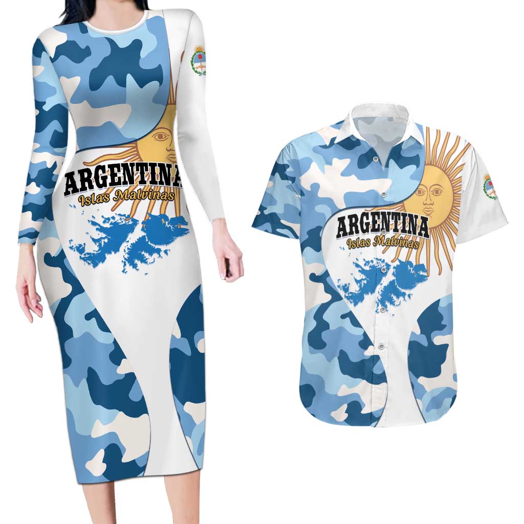 Argentina Malvinas Day Couples Matching Long Sleeve Bodycon Dress and Hawaiian Shirt Las Malvinas Son Argentinas