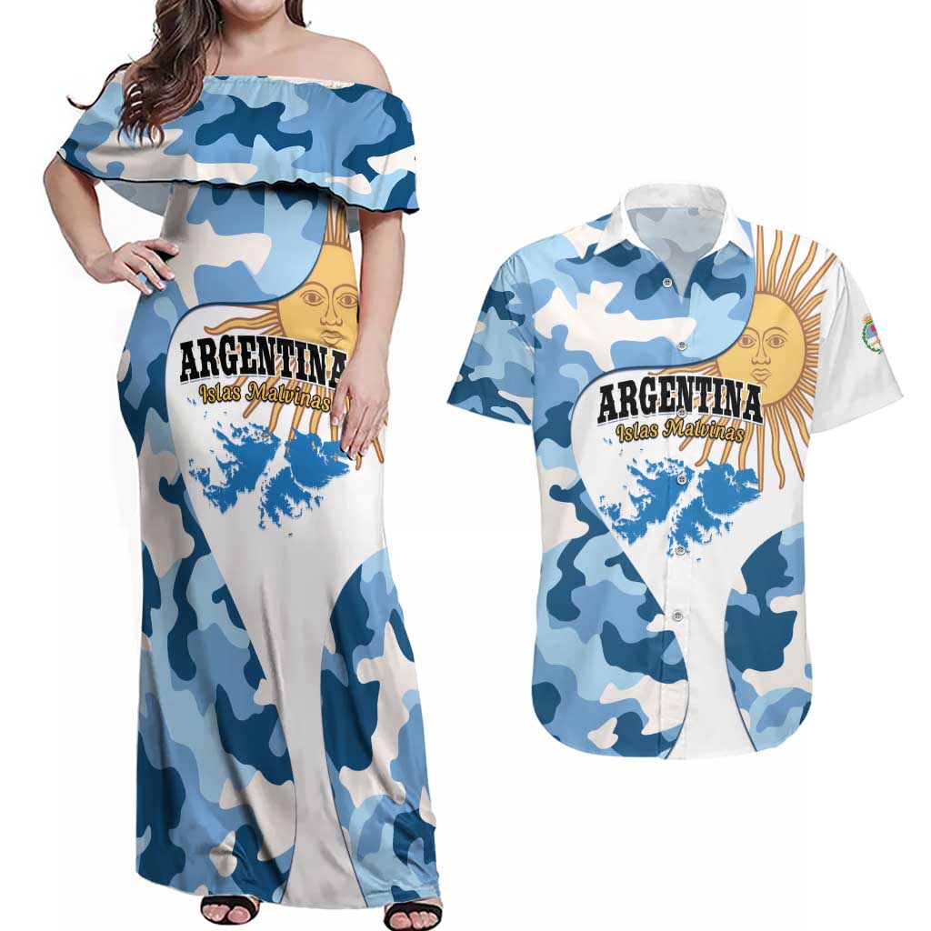 Argentina Malvinas Day Couples Matching Off Shoulder Maxi Dress and Hawaiian Shirt Las Malvinas Son Argentinas