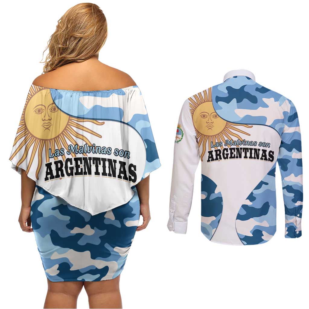 Argentina Malvinas Day Couples Matching Off Shoulder Short Dress and Long Sleeve Button Shirt Las Malvinas Son Argentinas