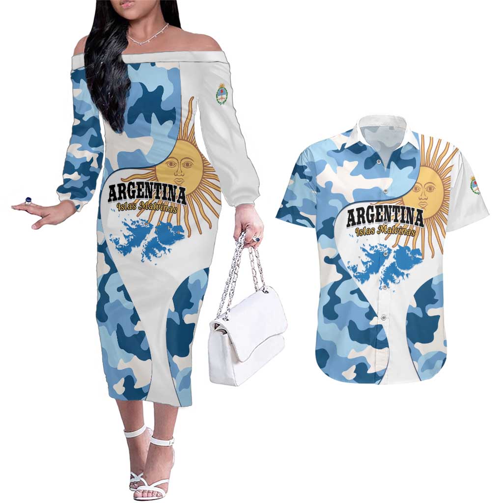 Argentina Malvinas Day Couples Matching Off The Shoulder Long Sleeve Dress and Hawaiian Shirt Las Malvinas Son Argentinas