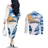 Argentina Malvinas Day Couples Matching Off The Shoulder Long Sleeve Dress and Long Sleeve Button Shirt Las Malvinas Son Argentinas