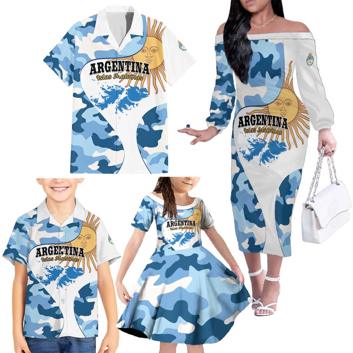 Argentina Malvinas Day Family Matching Off The Shoulder Long Sleeve Dress and Hawaiian Shirt Las Malvinas Son Argentinas
