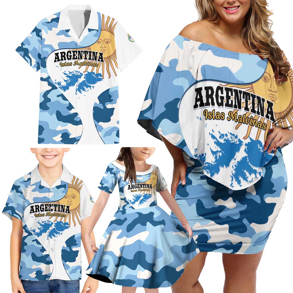 Argentina Malvinas Day Family Matching Off Shoulder Short Dress and Hawaiian Shirt Las Malvinas Son Argentinas