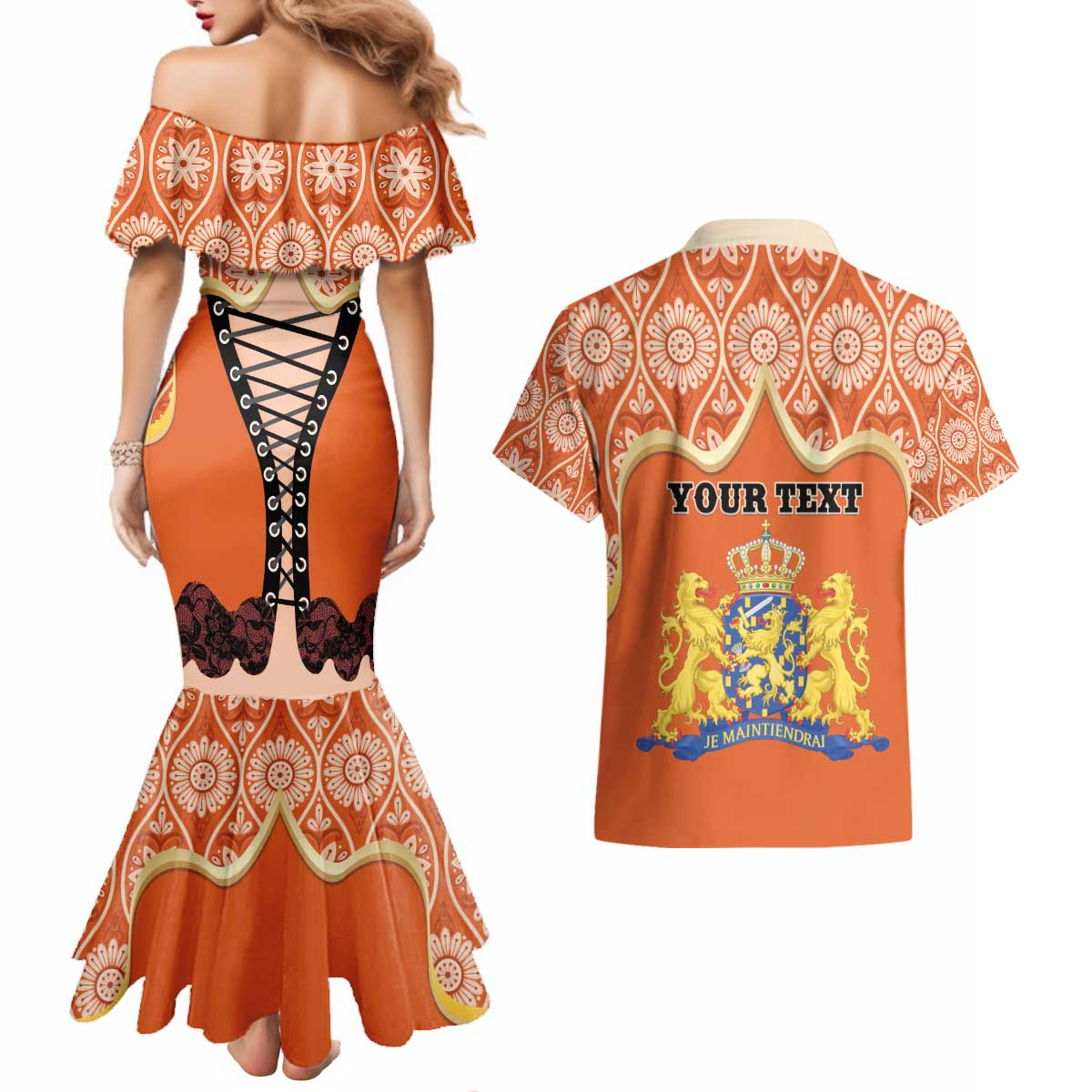 Personalised Netherlands Koningsdag 2025 Couples Matching Mermaid Dress and Hawaiian Shirt King's Day Dutch Costume Spirit