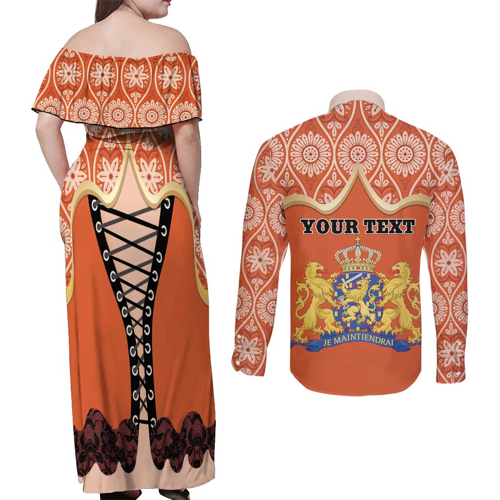 Personalised Netherlands Koningsdag 2025 Couples Matching Off Shoulder Maxi Dress and Long Sleeve Button Shirt King's Day Dutch Costume Spirit