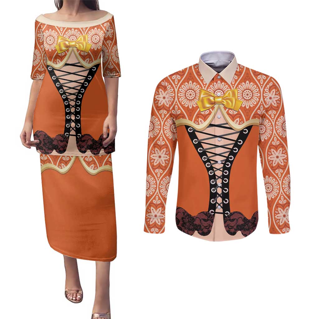 Personalised Netherlands Koningsdag 2025 Couples Matching Puletasi and Long Sleeve Button Shirt King's Day Dutch Costume Spirit